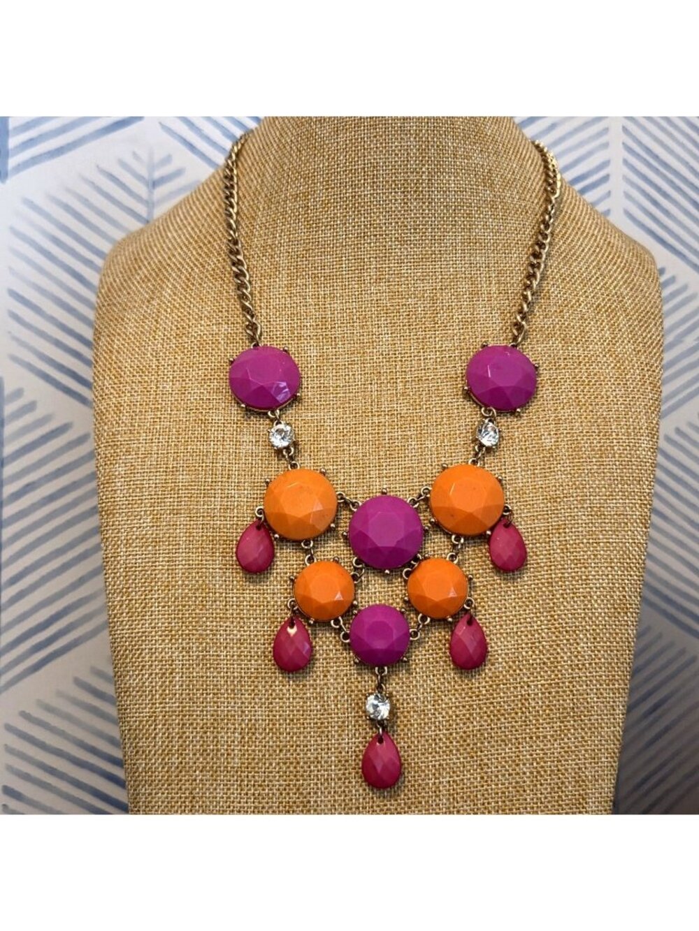 Pink & Orange Beaded Bib Statement Necklace Gold Tone 26" Adjustable Chain